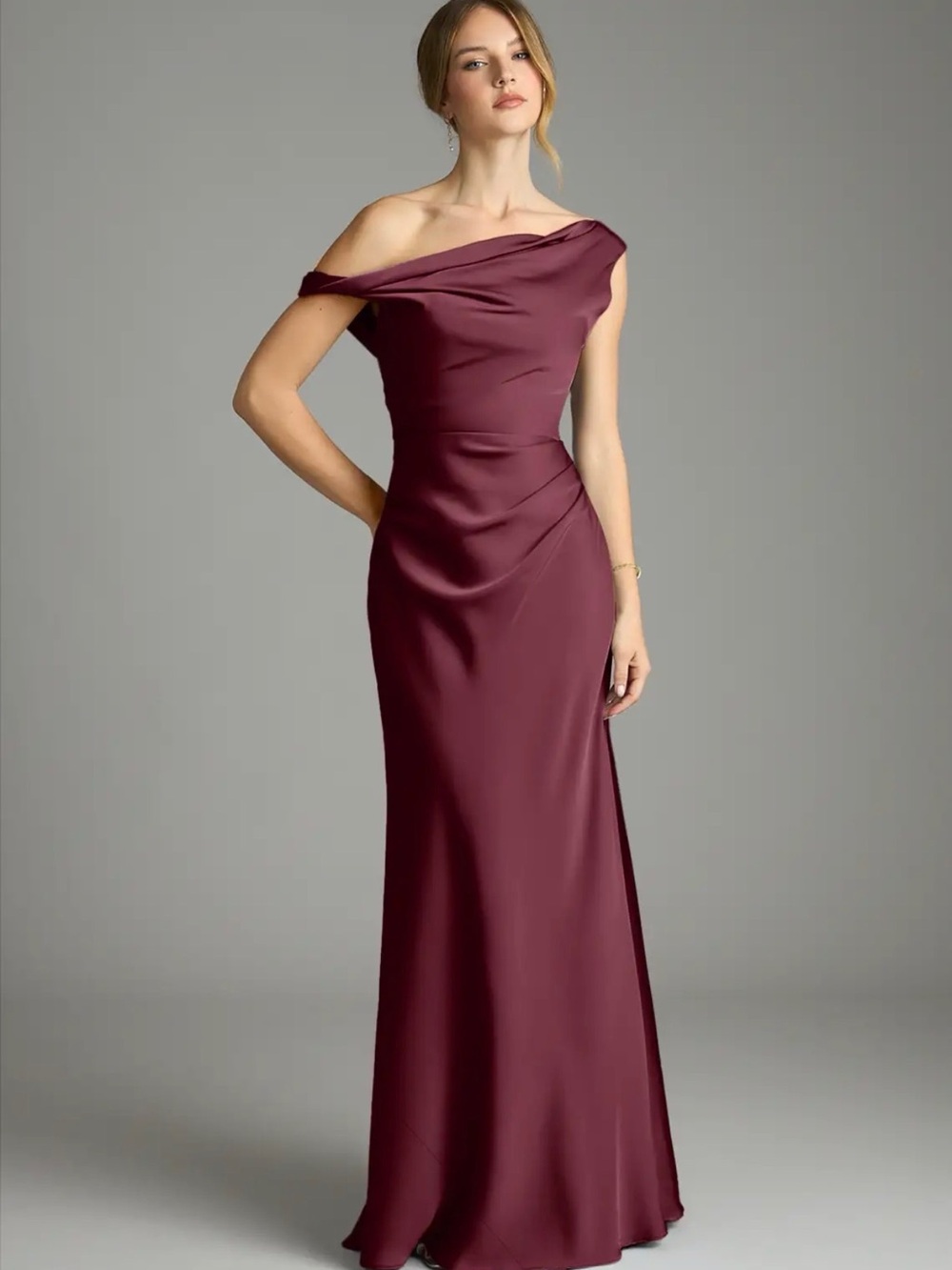 Azazie Off-Shoulder Burgundy Satin Gown